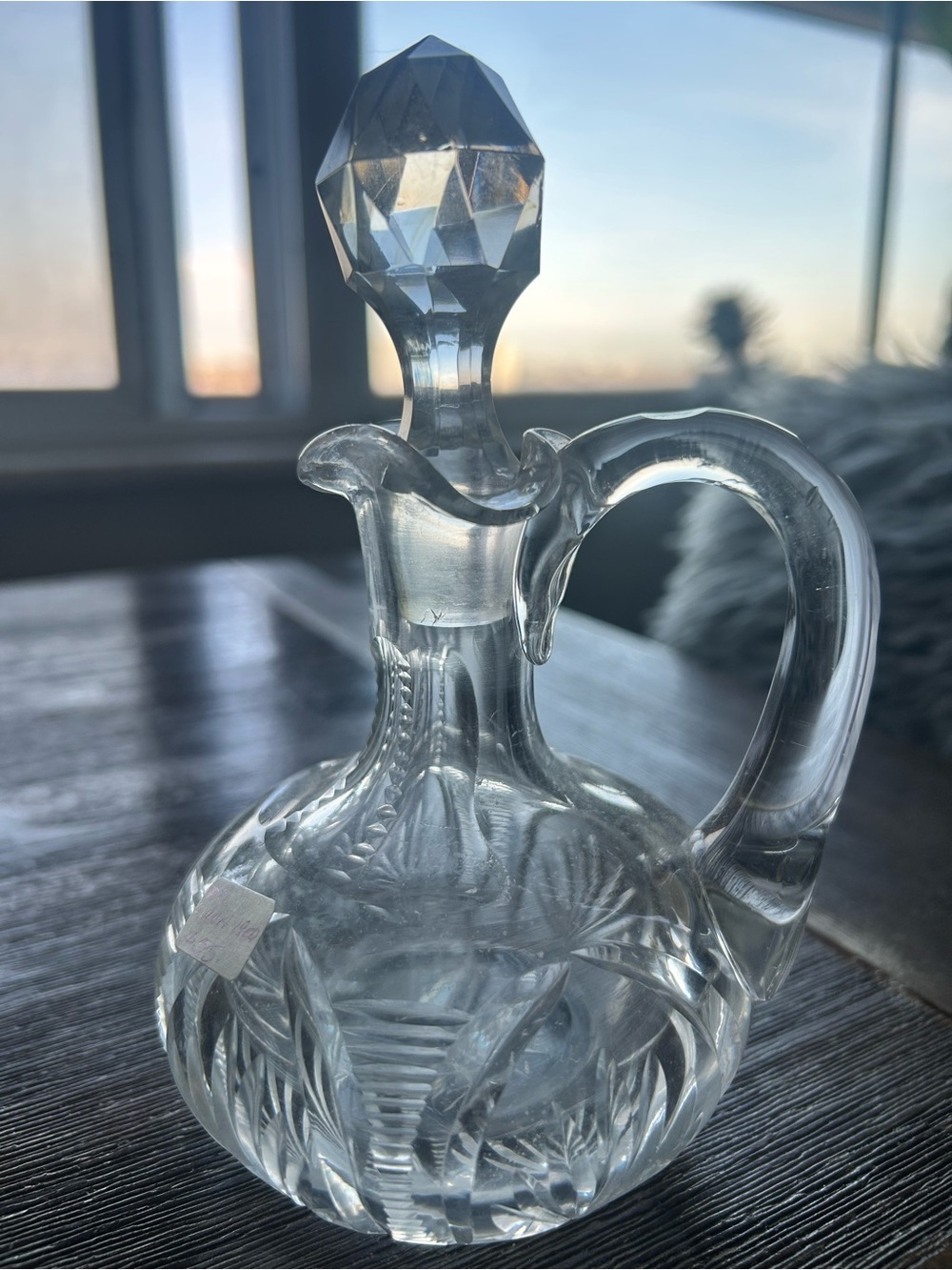 Source Unknown Clear Cut Glass Cruet with Faceted Stopper